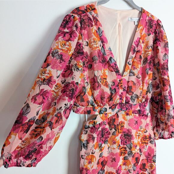 Julia Jordan Pink Floral V-Neck 3/4‎ Sleeve Cut-Out Midi Dress Size 12 NWT - Picture 6 of 14